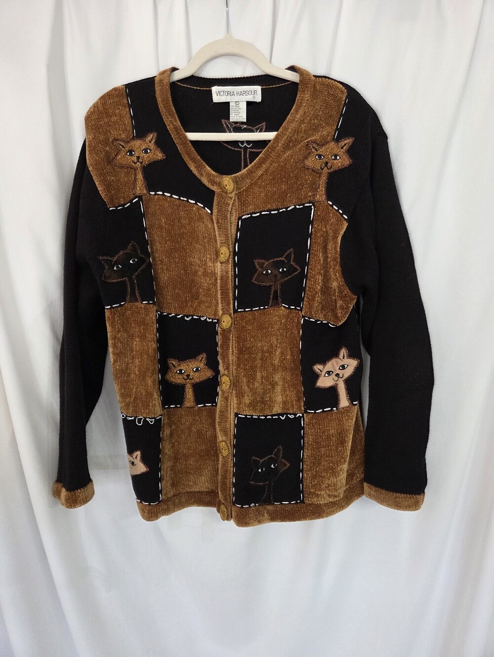 Victoria Harbor Brown/Black Cat Patchwork Knit Vintage 1990s Cardigan Size L